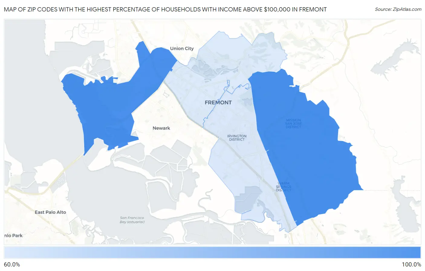 Zip Codes with the Highest Percentage of Households with Income Above $100,000 in Fremont Map