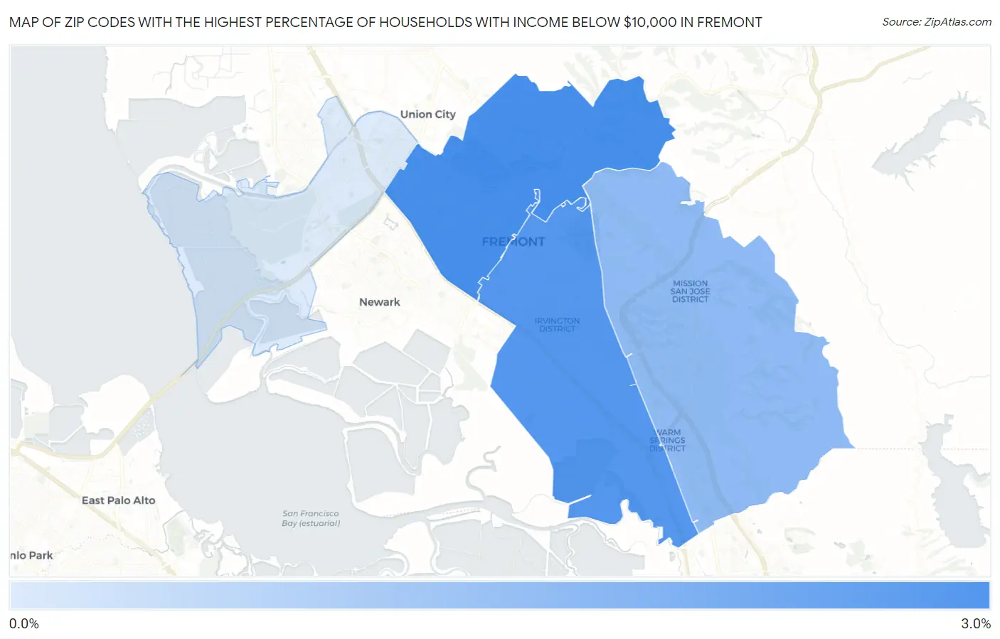Zip Codes with the Highest Percentage of Households with Income Below $10,000 in Fremont Map