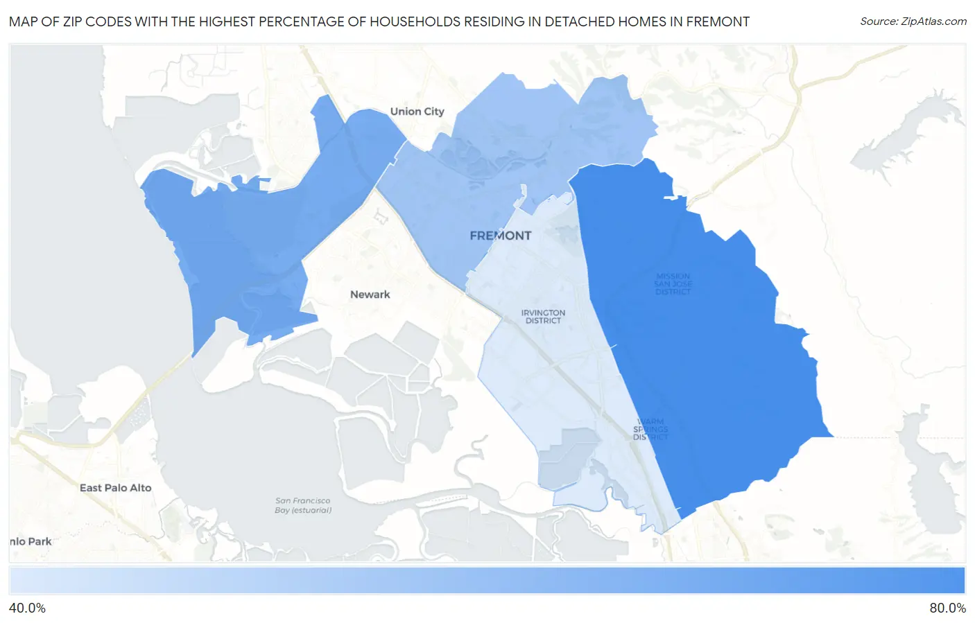 Zip Codes with the Highest Percentage of Households Residing in Detached Homes in Fremont Map