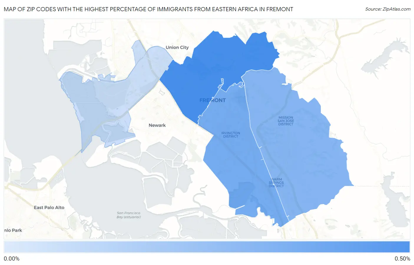 Zip Codes with the Highest Percentage of Immigrants from Eastern Africa in Fremont Map