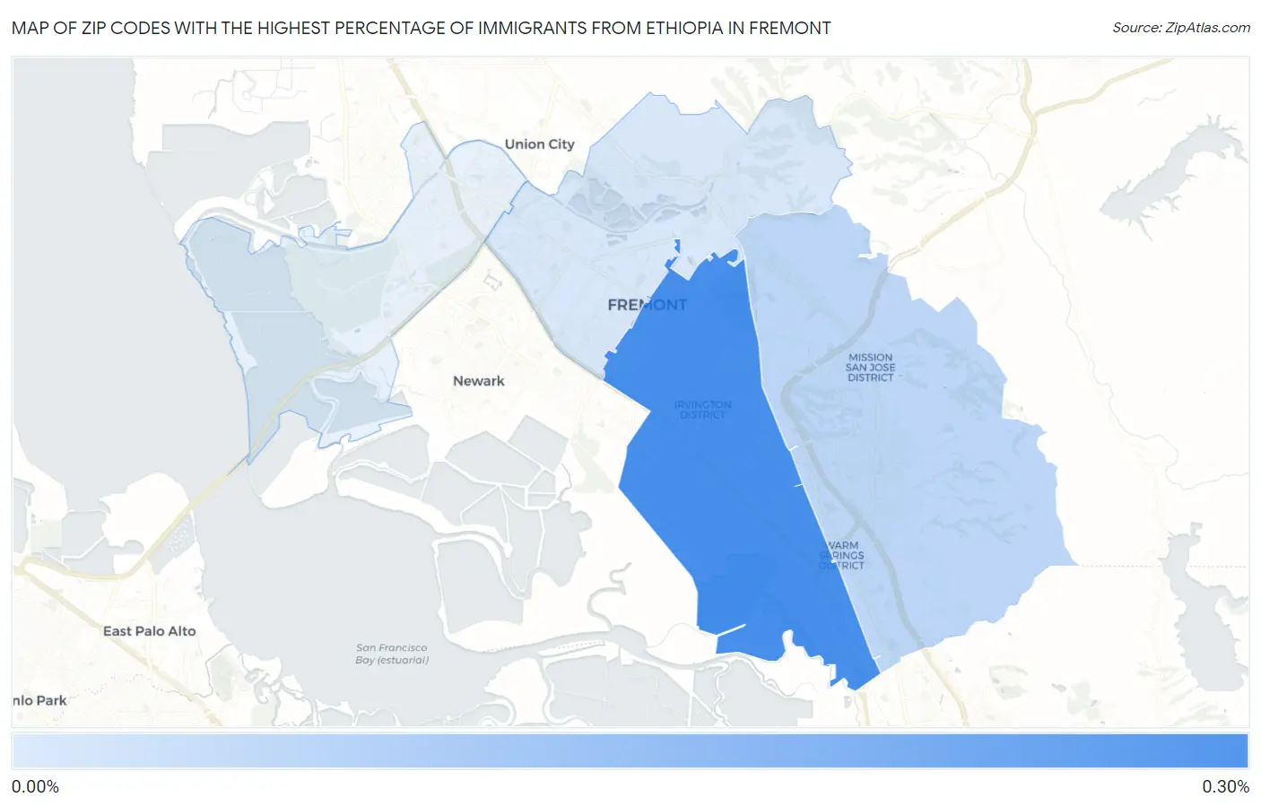 Zip Codes with the Highest Percentage of Immigrants from Ethiopia in Fremont Map