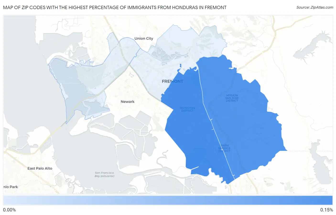 Zip Codes with the Highest Percentage of Immigrants from Honduras in Fremont Map