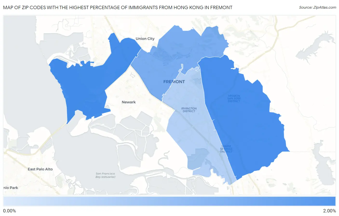 Zip Codes with the Highest Percentage of Immigrants from Hong Kong in Fremont Map
