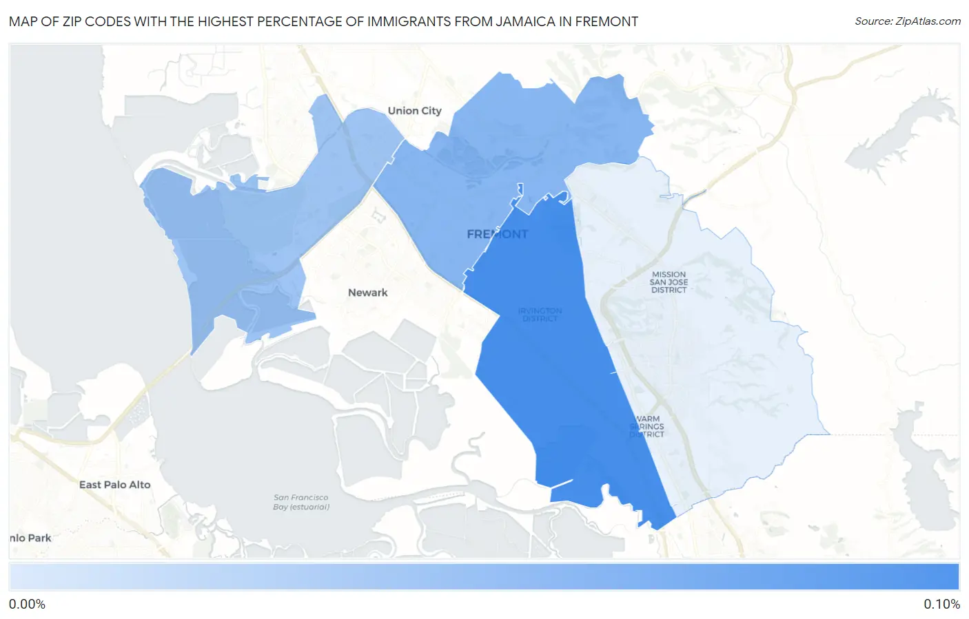 Zip Codes with the Highest Percentage of Immigrants from Jamaica in Fremont Map