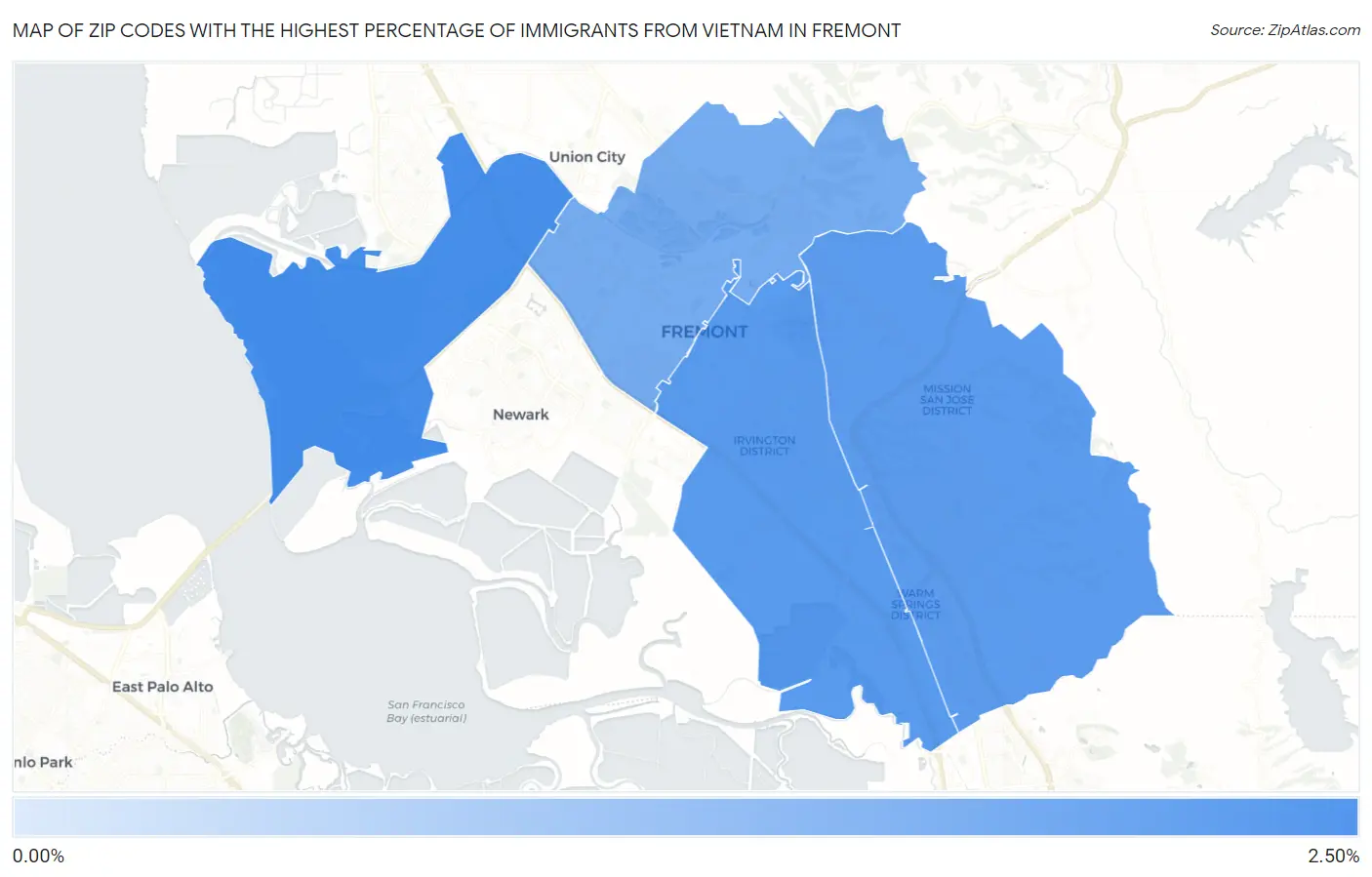 Zip Codes with the Highest Percentage of Immigrants from Vietnam in Fremont Map