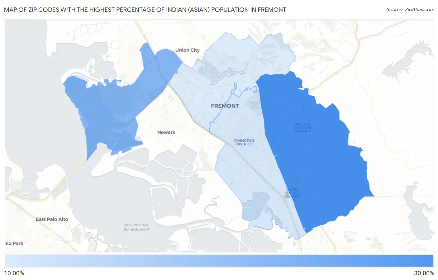 Zip Codes with the Highest Percentage of Indian (Asian) Population in Fremont Map