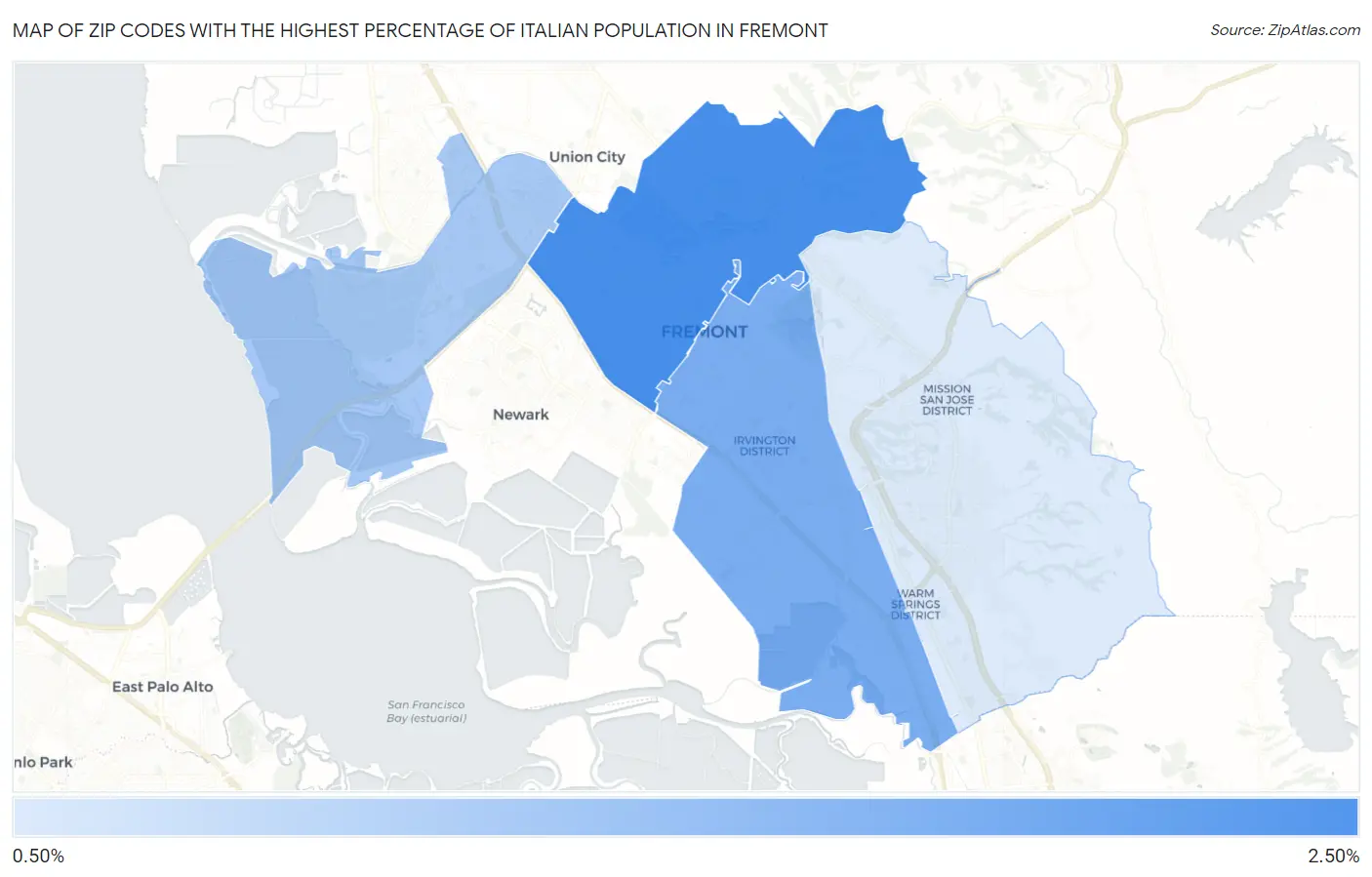 Zip Codes with the Highest Percentage of Italian Population in Fremont Map