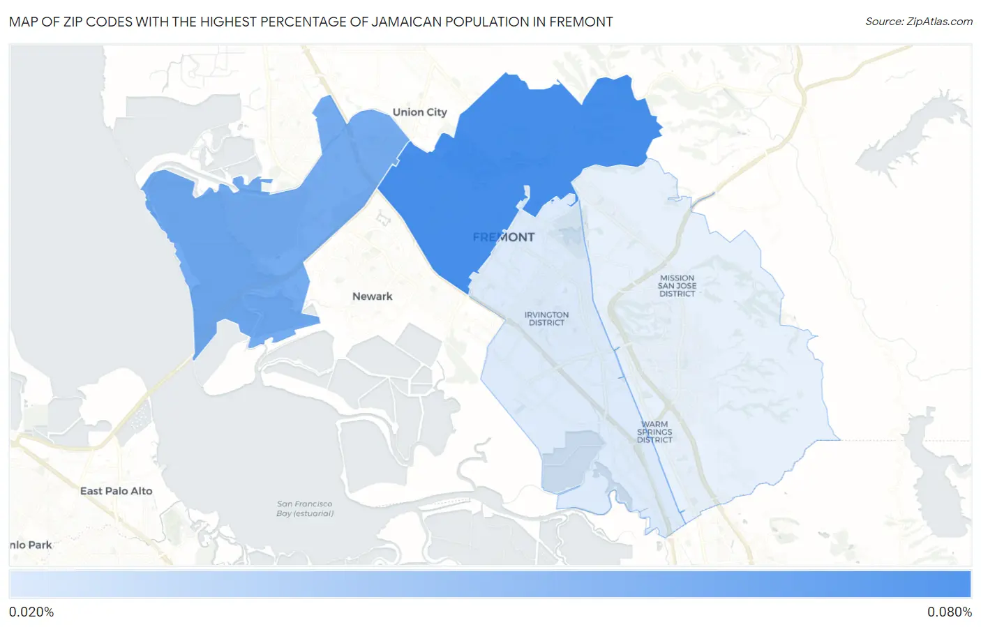 Zip Codes with the Highest Percentage of Jamaican Population in Fremont Map