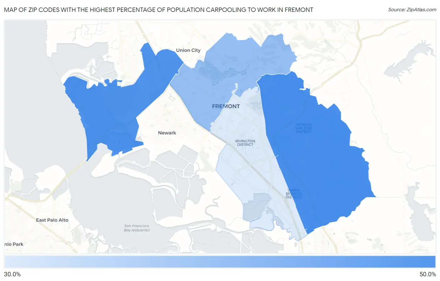 Zip Codes with the Highest Percentage of Population Carpooling to Work in Fremont Map
