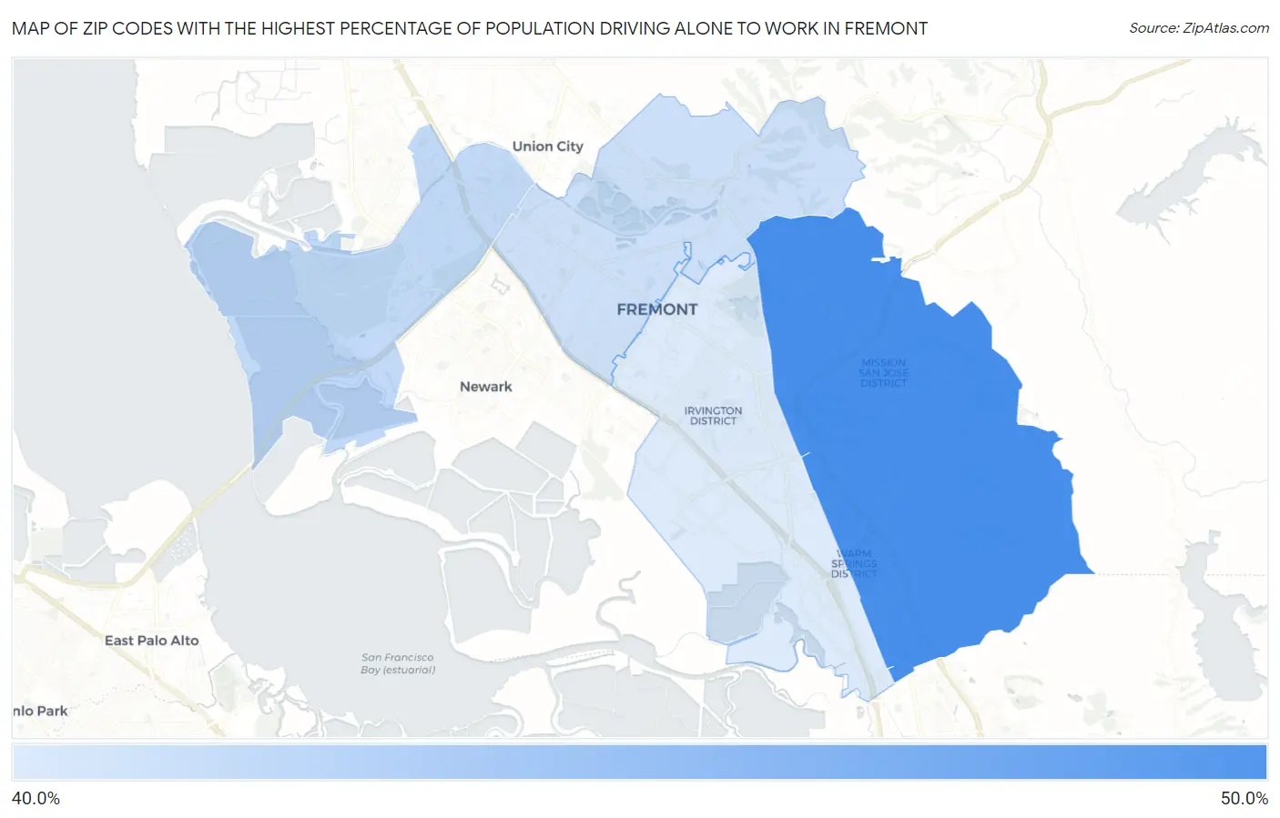 Zip Codes with the Highest Percentage of Population Driving Alone to Work in Fremont Map