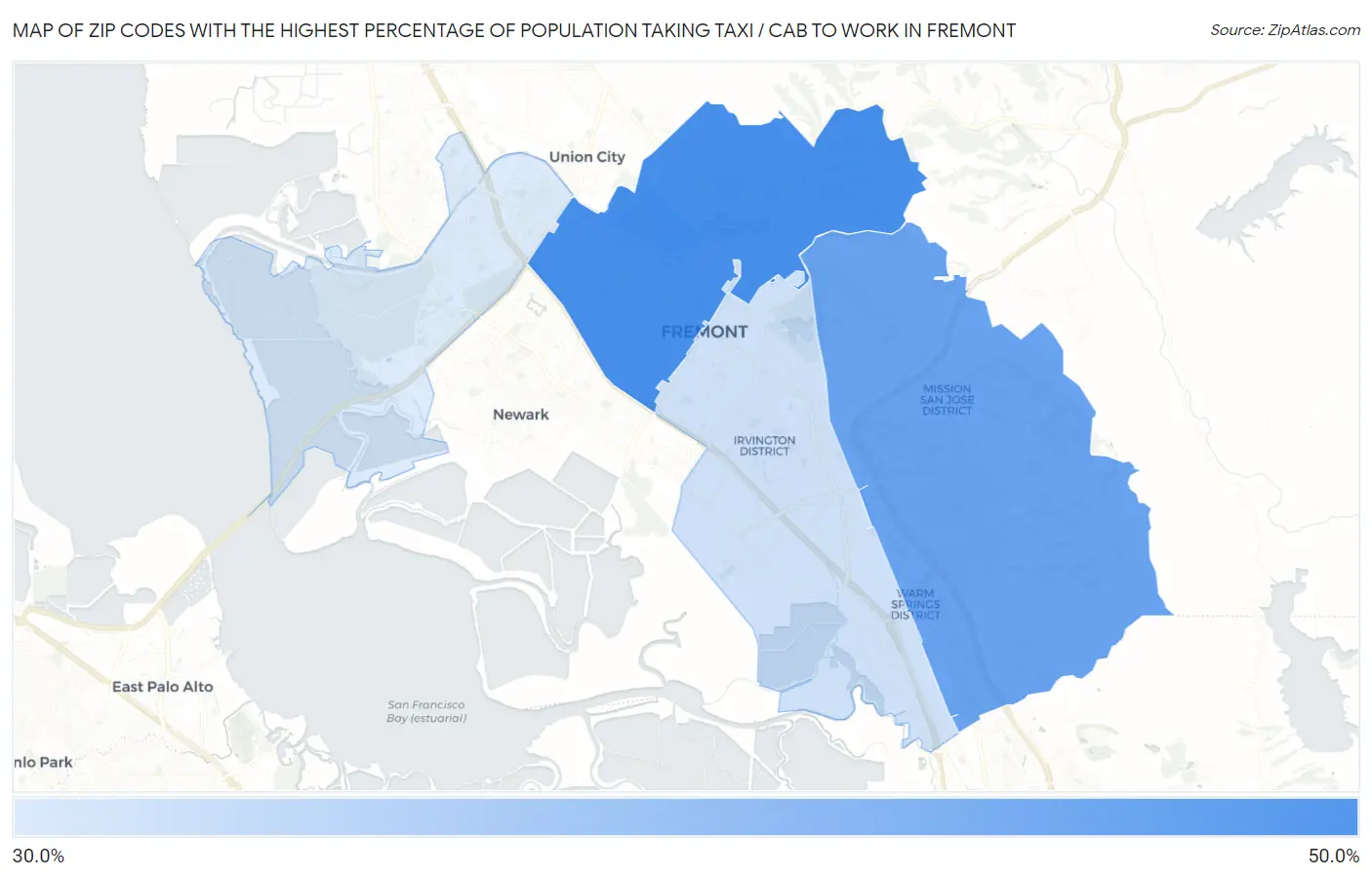 Zip Codes with the Highest Percentage of Population Taking Taxi / Cab to Work in Fremont Map