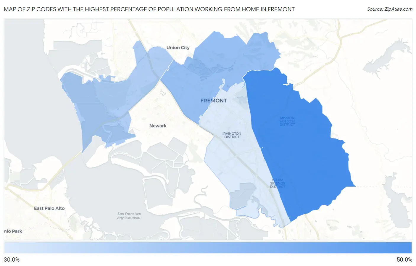 Zip Codes with the Highest Percentage of Population Working from Home in Fremont Map