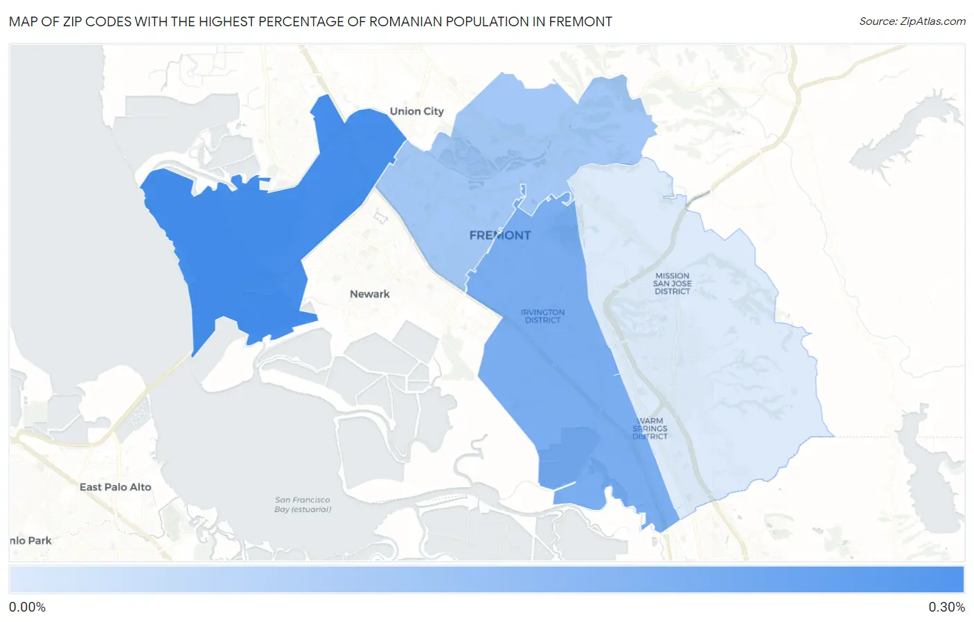 Zip Codes with the Highest Percentage of Romanian Population in Fremont Map