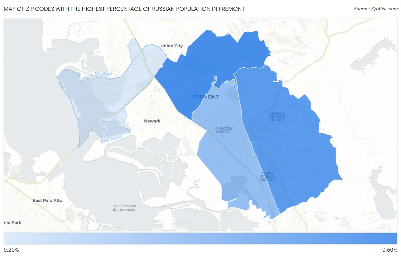 Zip Codes with the Highest Percentage of Russian Population in Fremont Map