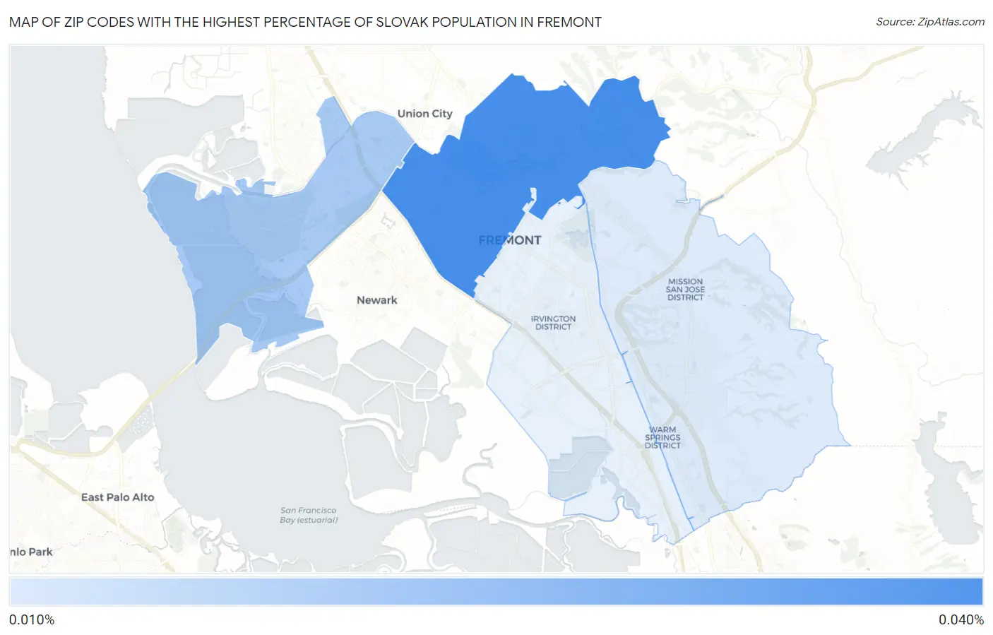 Zip Codes with the Highest Percentage of Slovak Population in Fremont Map