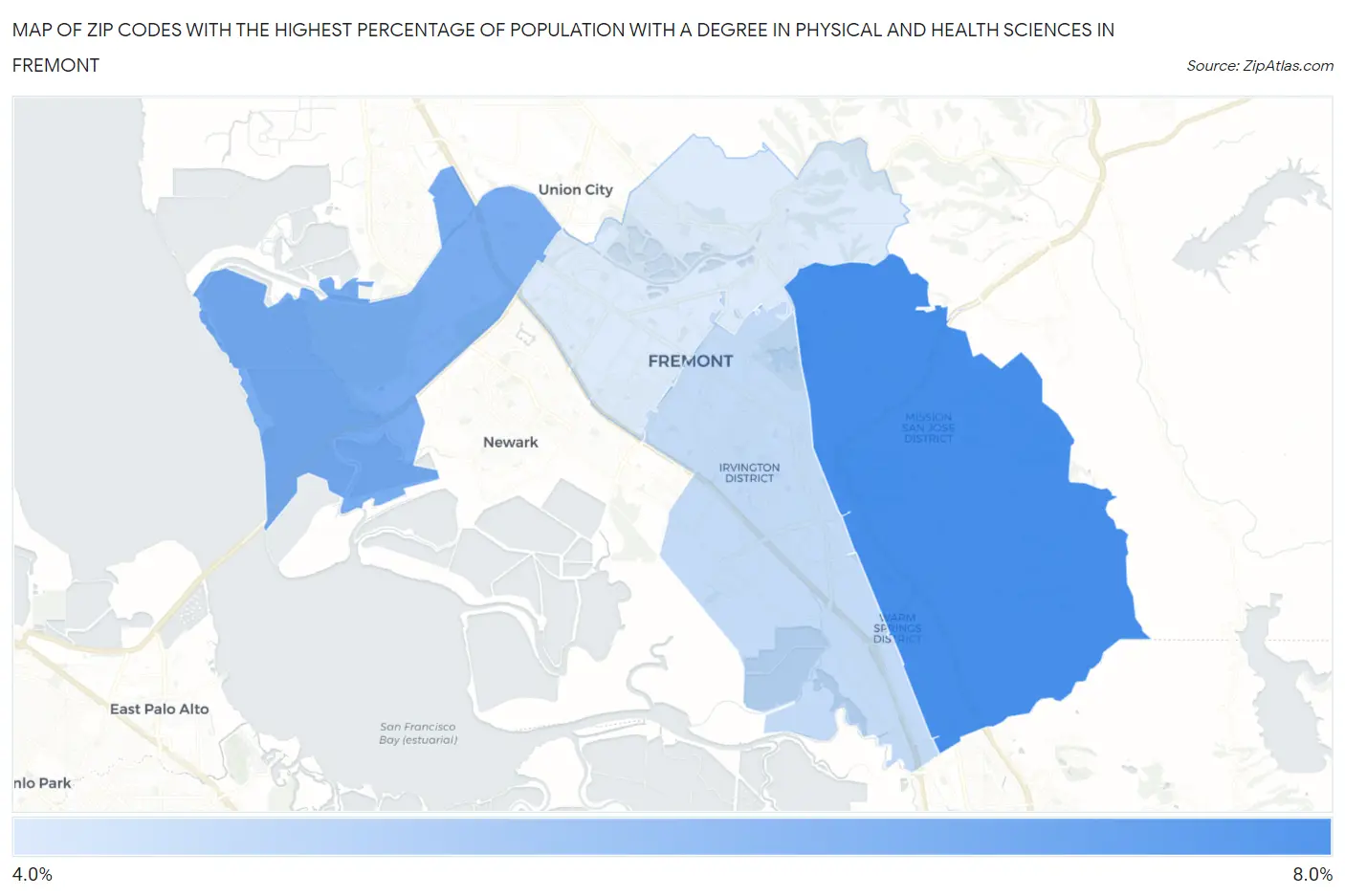 Zip Codes with the Highest Percentage of Population with a Degree in Physical and Health Sciences in Fremont Map