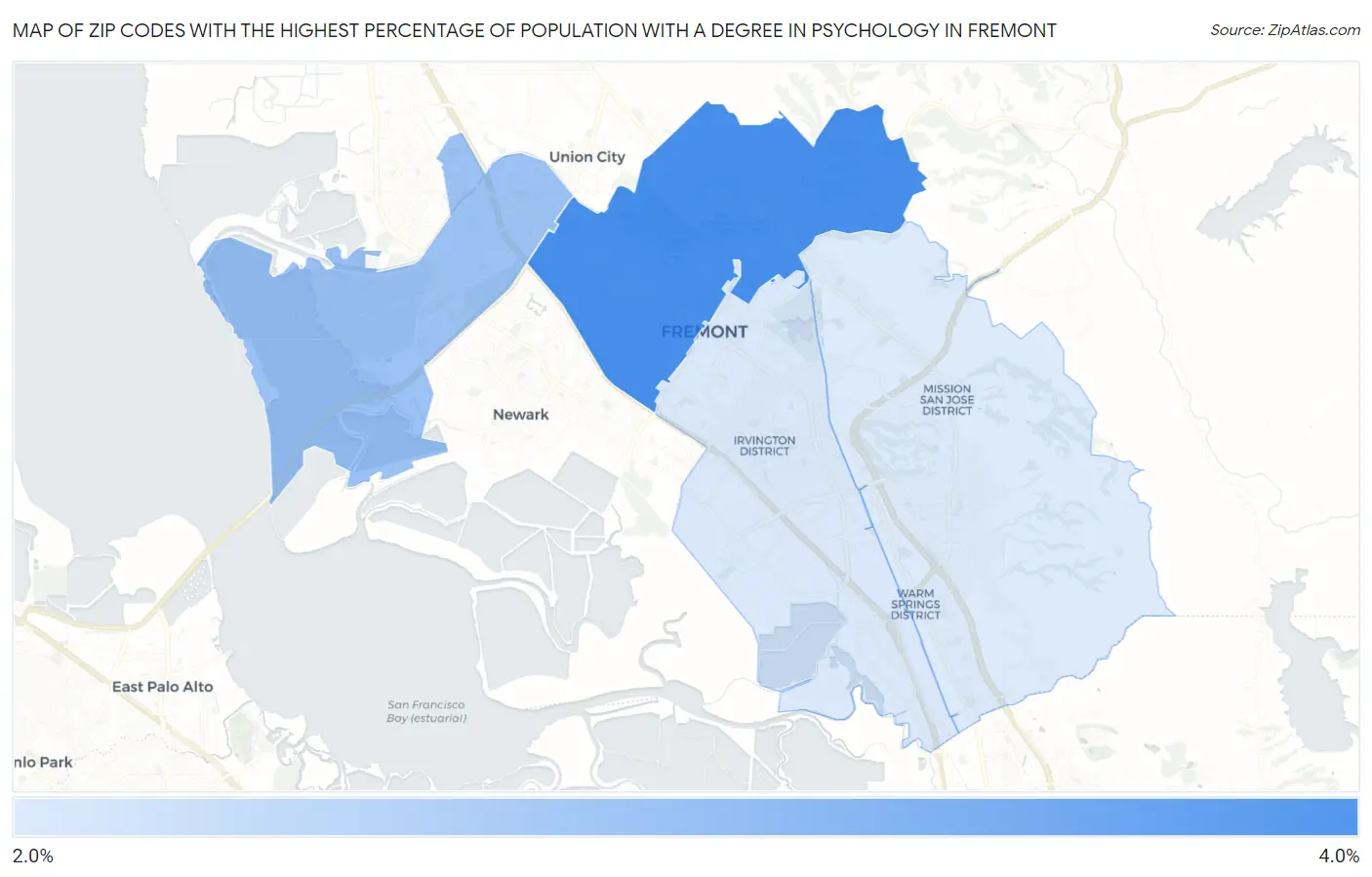 Zip Codes with the Highest Percentage of Population with a Degree in Psychology in Fremont Map