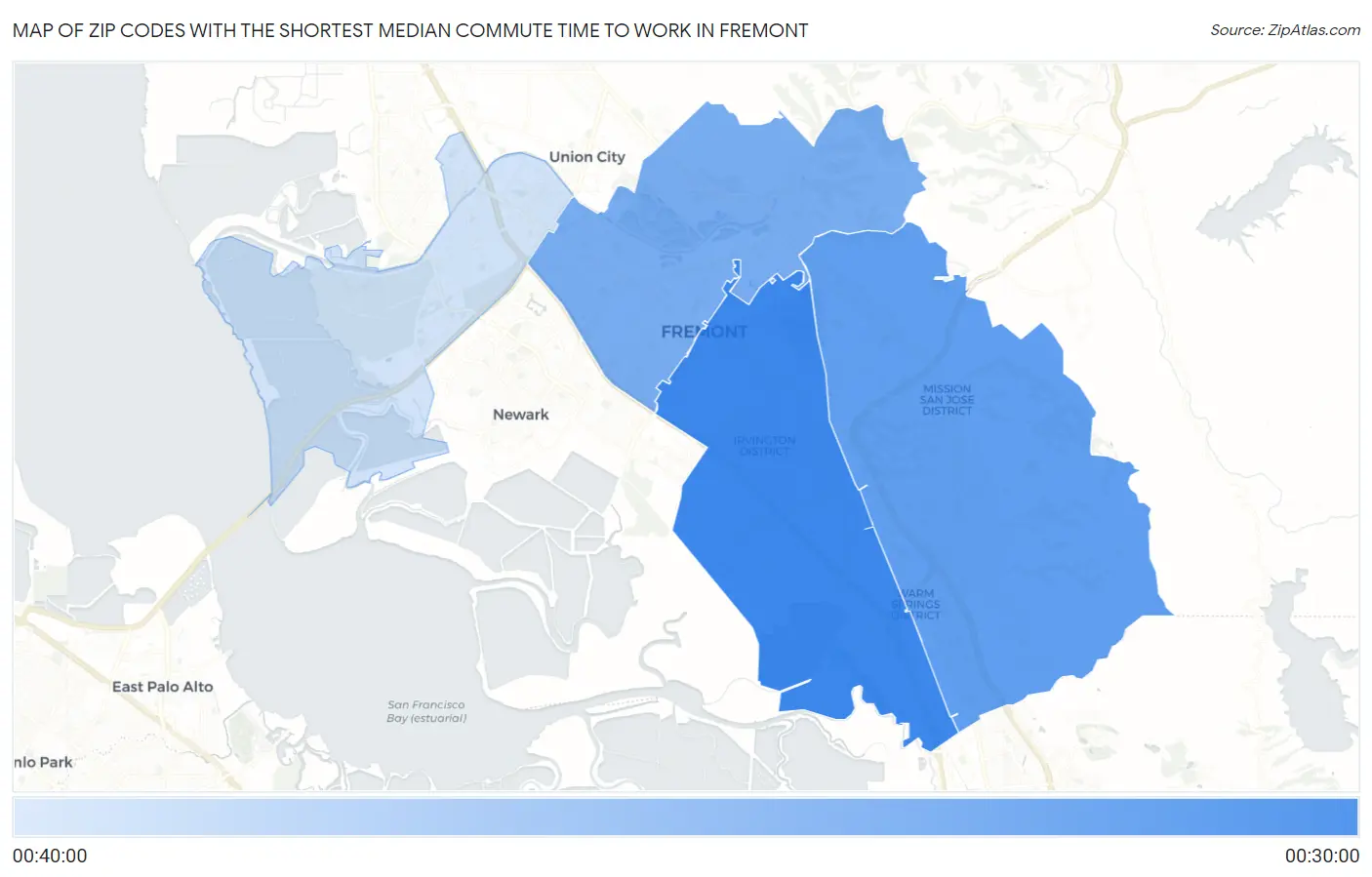 Zip Codes with the Shortest Median Commute Time to Work in Fremont Map
