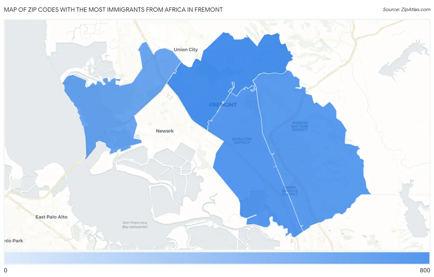 Zip Codes with the Most Immigrants from Africa in Fremont Map