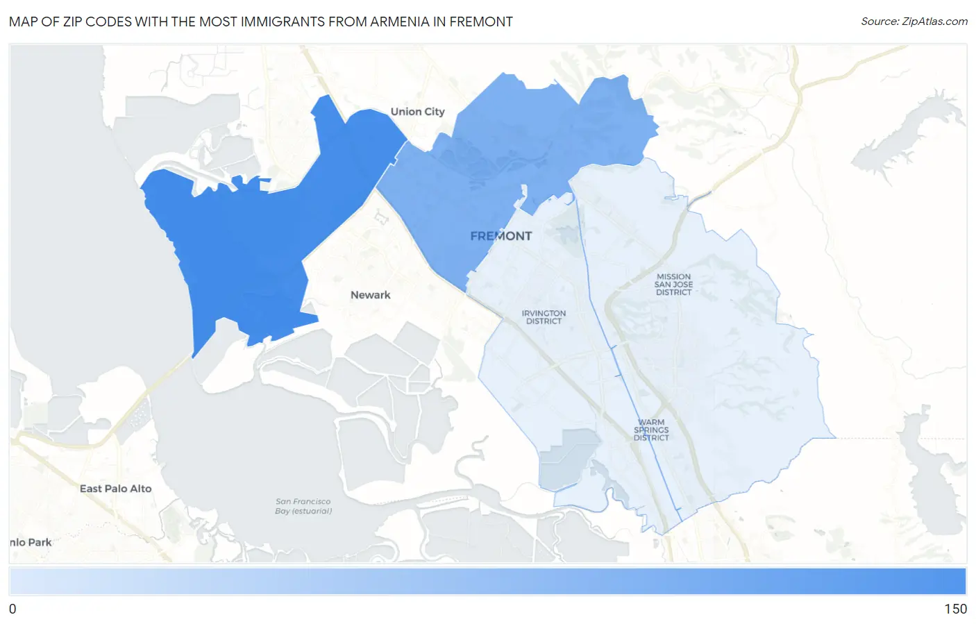 Zip Codes with the Most Immigrants from Armenia in Fremont Map