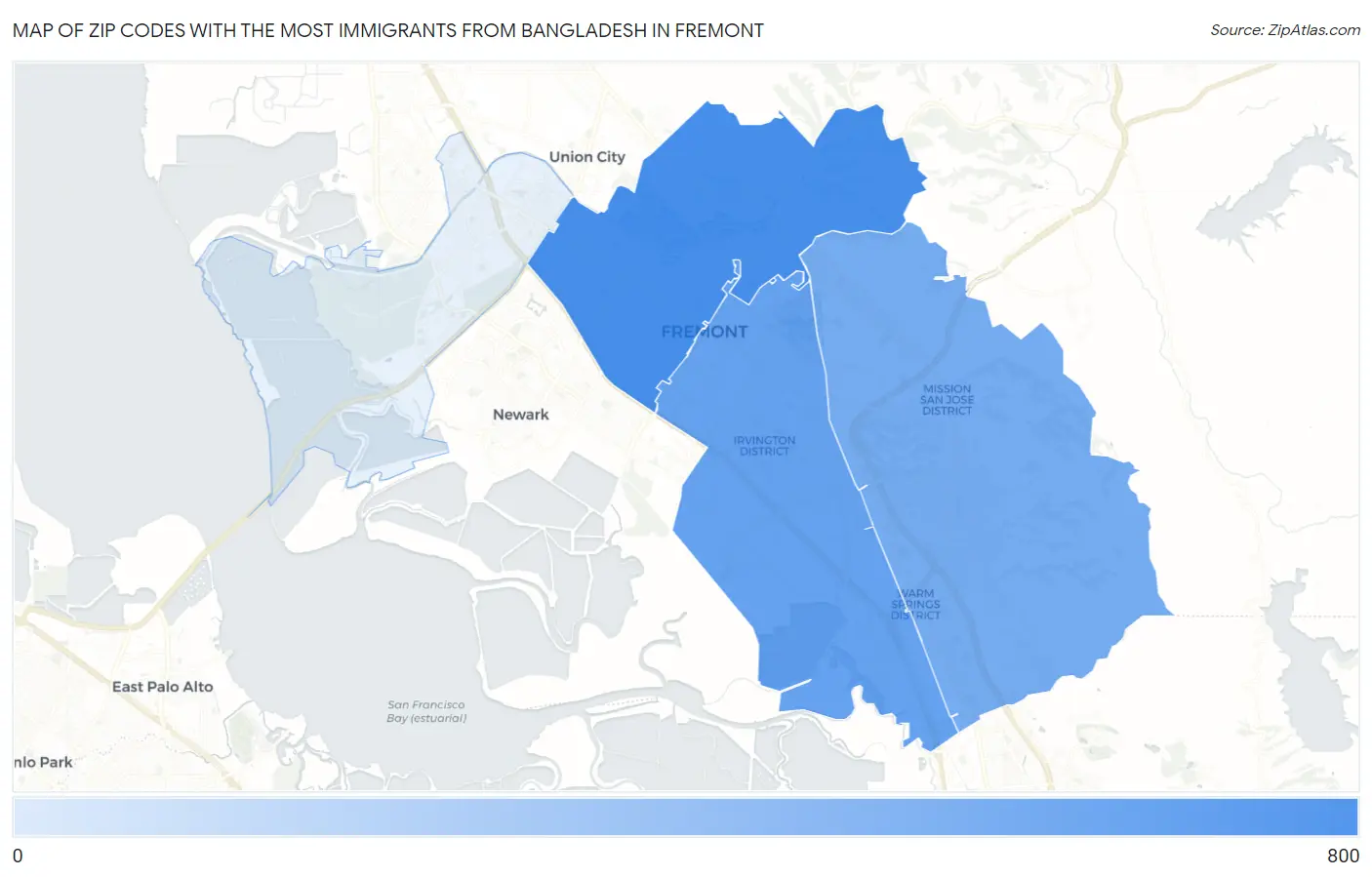 Zip Codes with the Most Immigrants from Bangladesh in Fremont Map