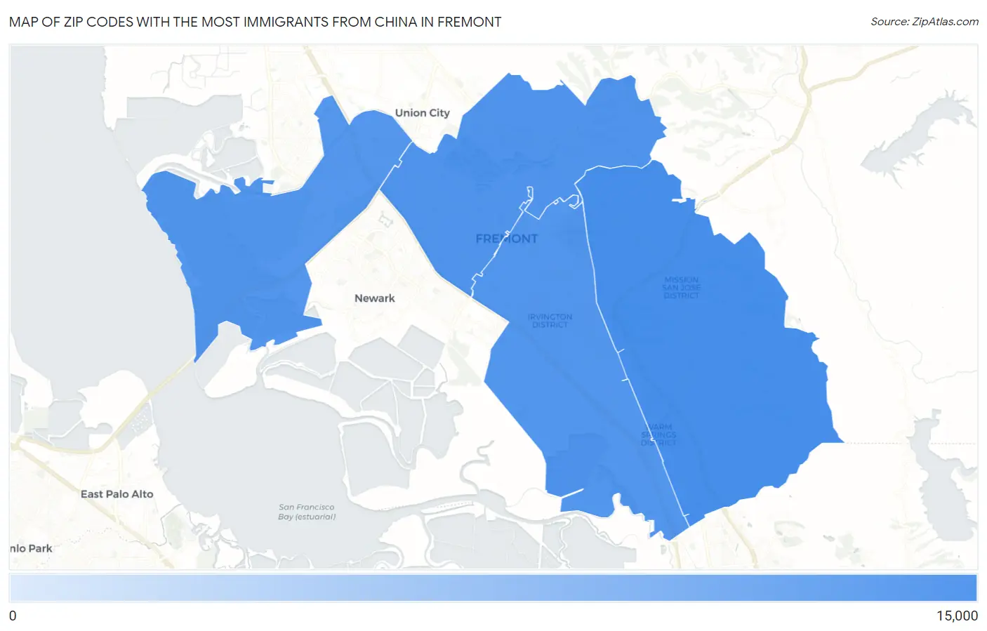 Zip Codes with the Most Immigrants from China in Fremont Map