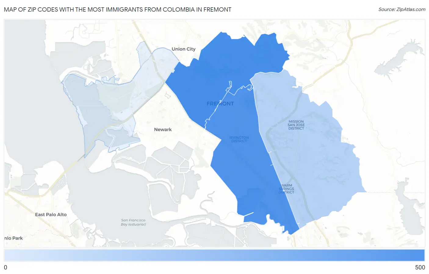 Zip Codes with the Most Immigrants from Colombia in Fremont Map