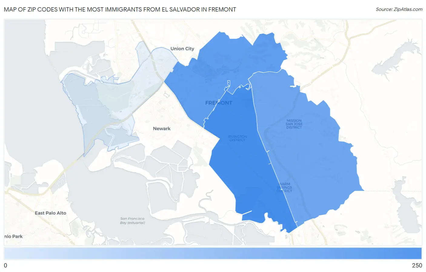 Zip Codes with the Most Immigrants from El Salvador in Fremont Map