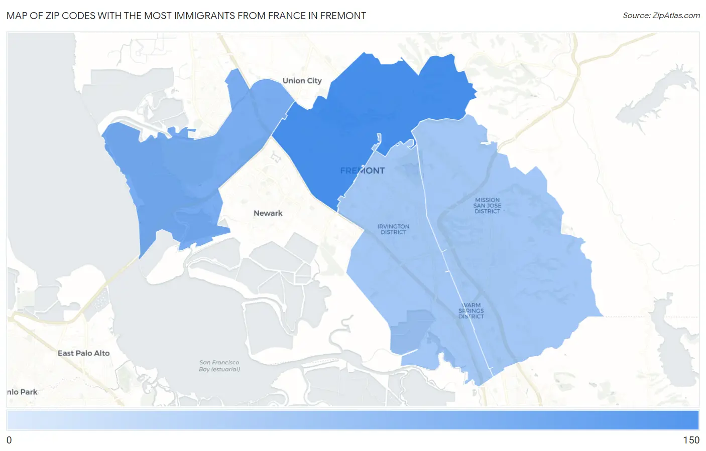 Zip Codes with the Most Immigrants from France in Fremont Map