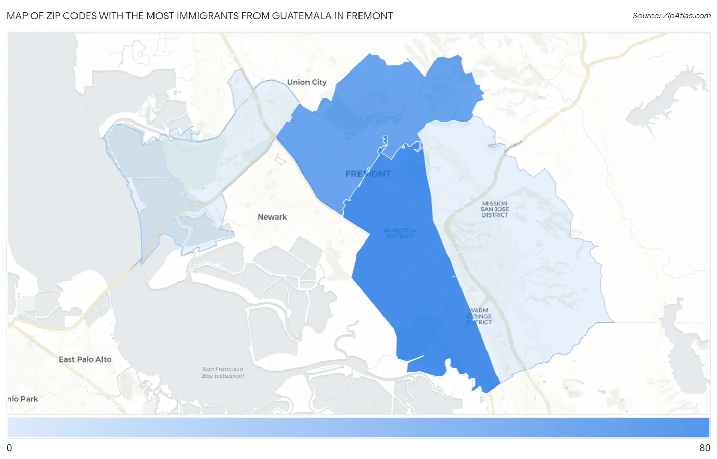 Zip Codes with the Most Immigrants from Guatemala in Fremont Map