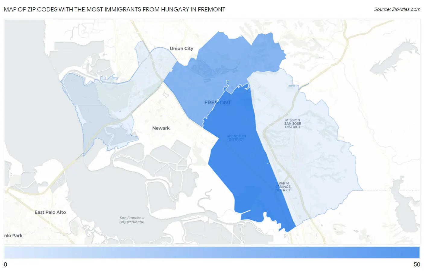 Zip Codes with the Most Immigrants from Hungary in Fremont Map