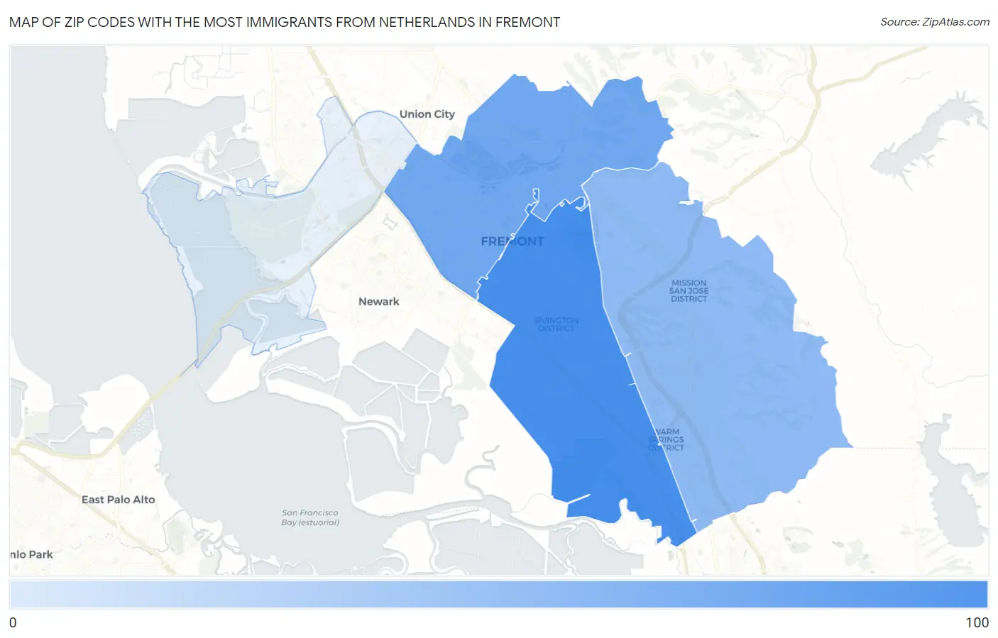 Zip Codes with the Most Immigrants from Netherlands in Fremont Map