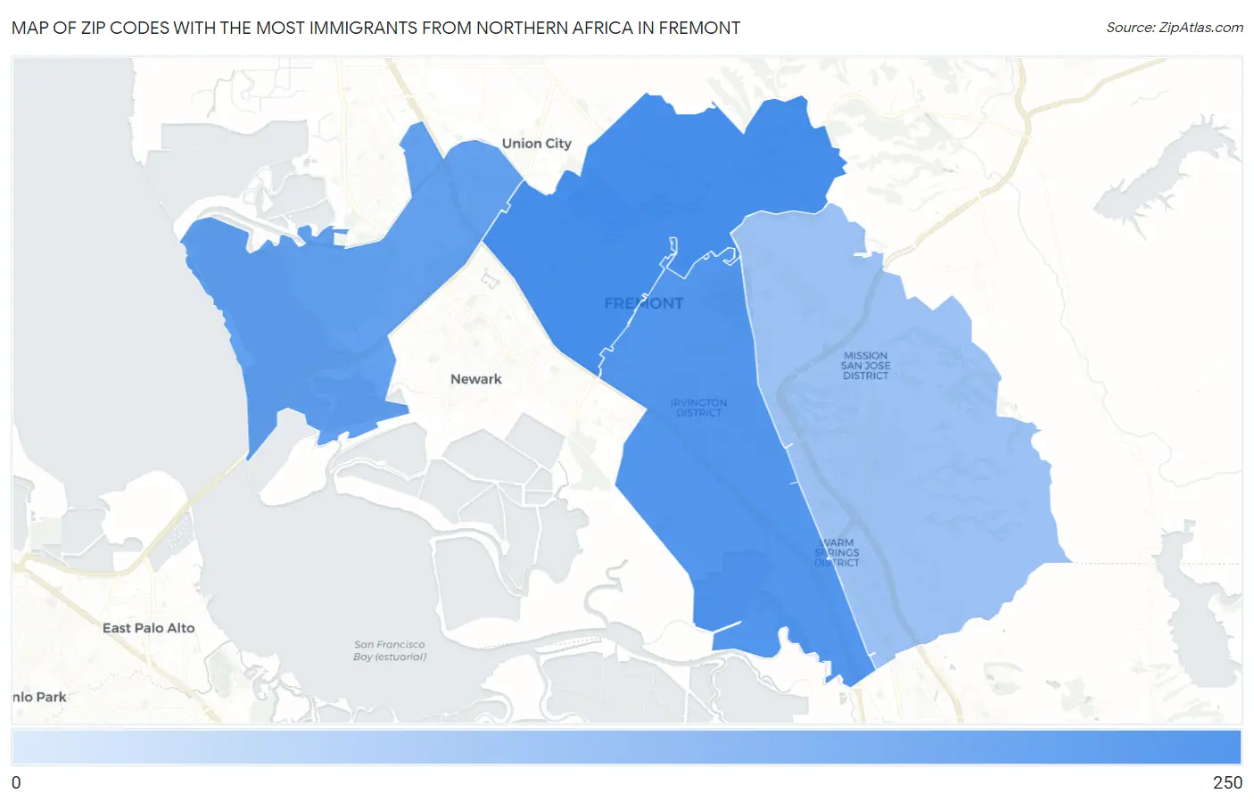 Zip Codes with the Most Immigrants from Northern Africa in Fremont Map