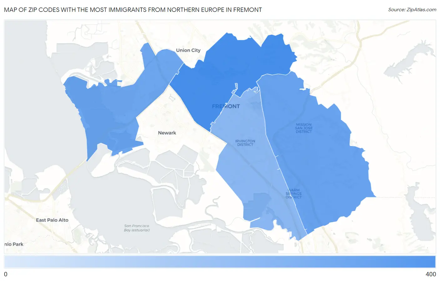 Zip Codes with the Most Immigrants from Northern Europe in Fremont Map