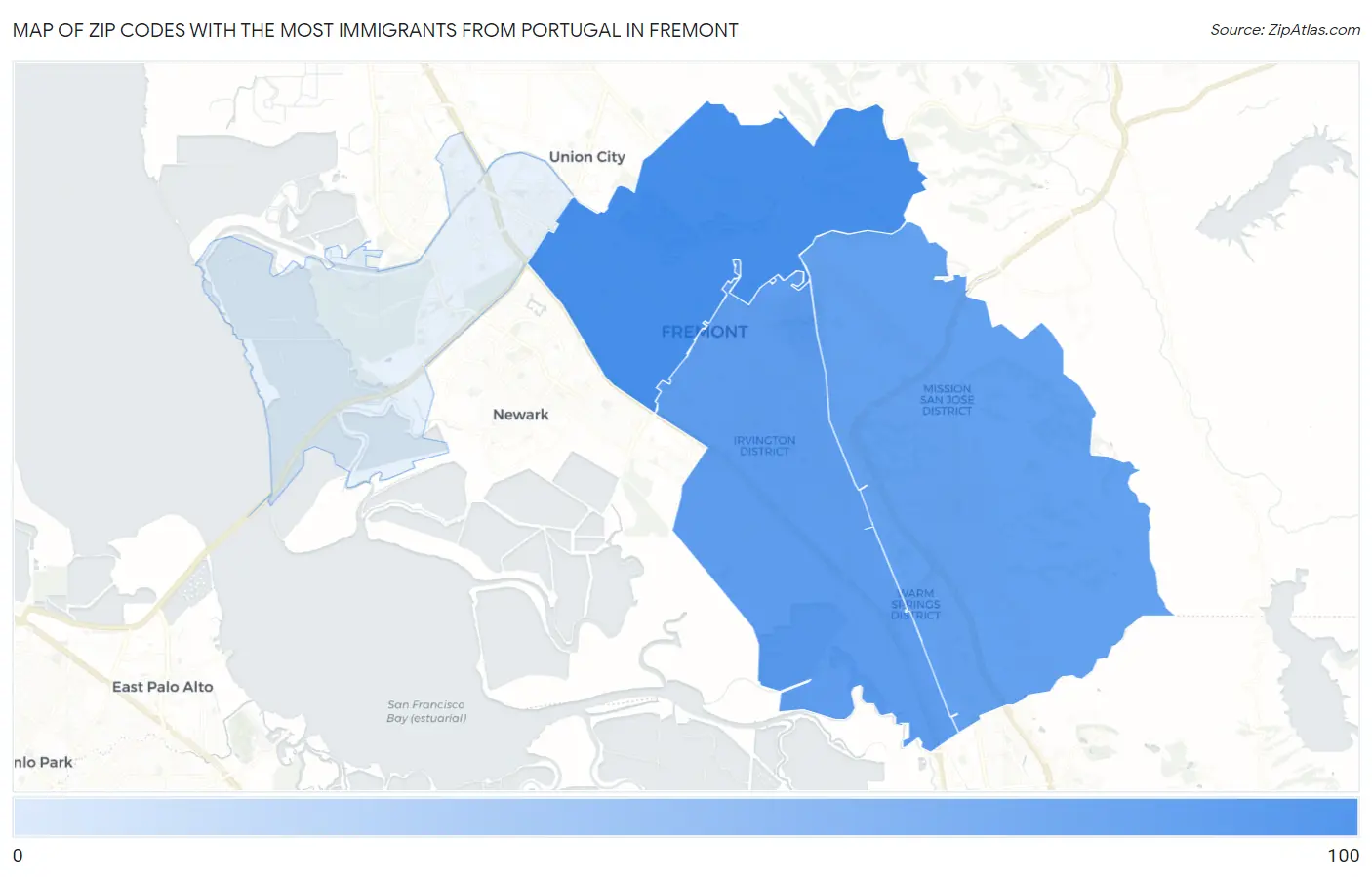 Zip Codes with the Most Immigrants from Portugal in Fremont Map