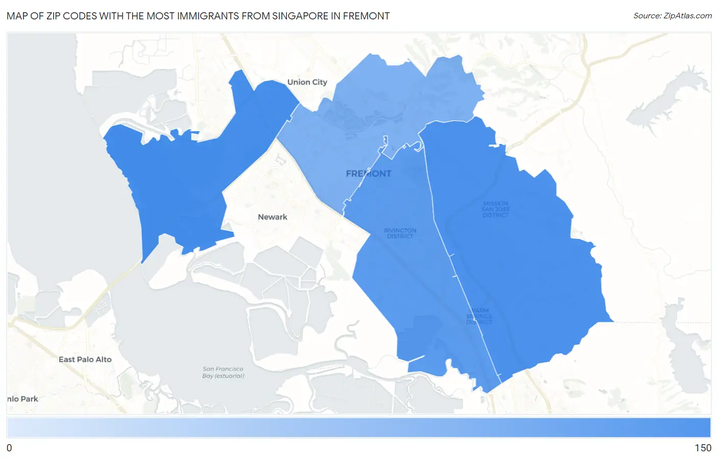 Zip Codes with the Most Immigrants from Singapore in Fremont Map