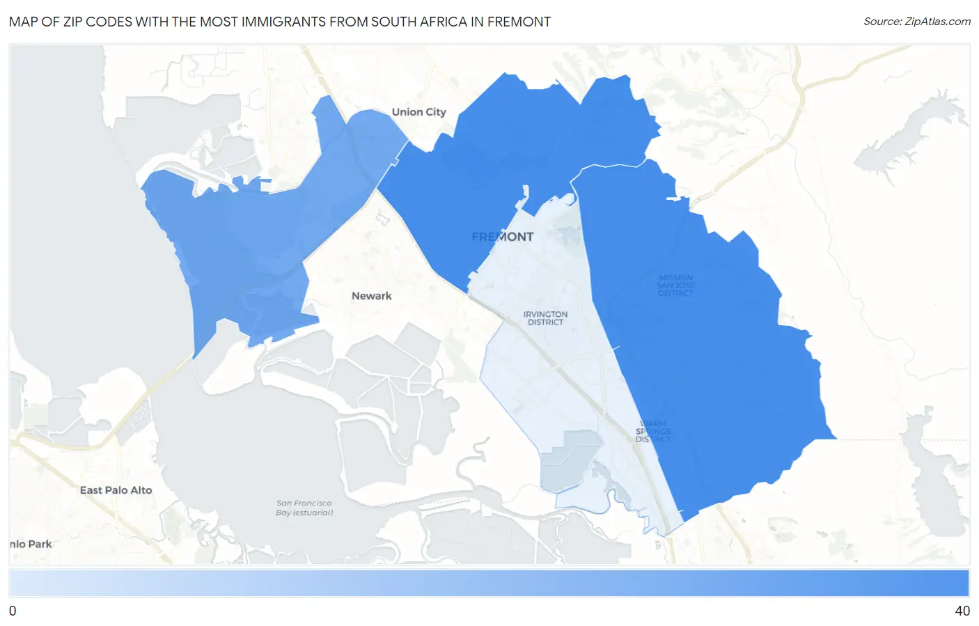 Zip Codes with the Most Immigrants from South Africa in Fremont Map