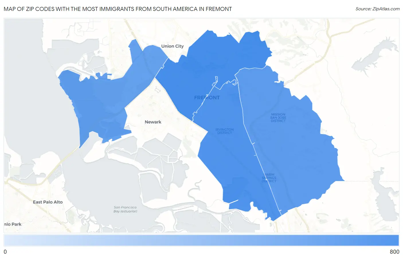 Zip Codes with the Most Immigrants from South America in Fremont Map