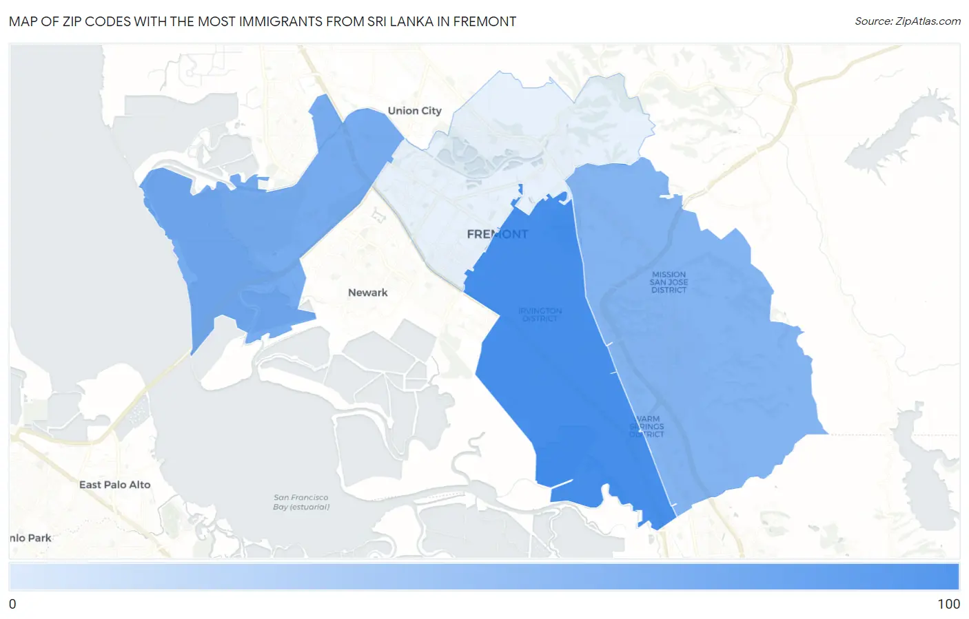 Zip Codes with the Most Immigrants from Sri Lanka in Fremont Map