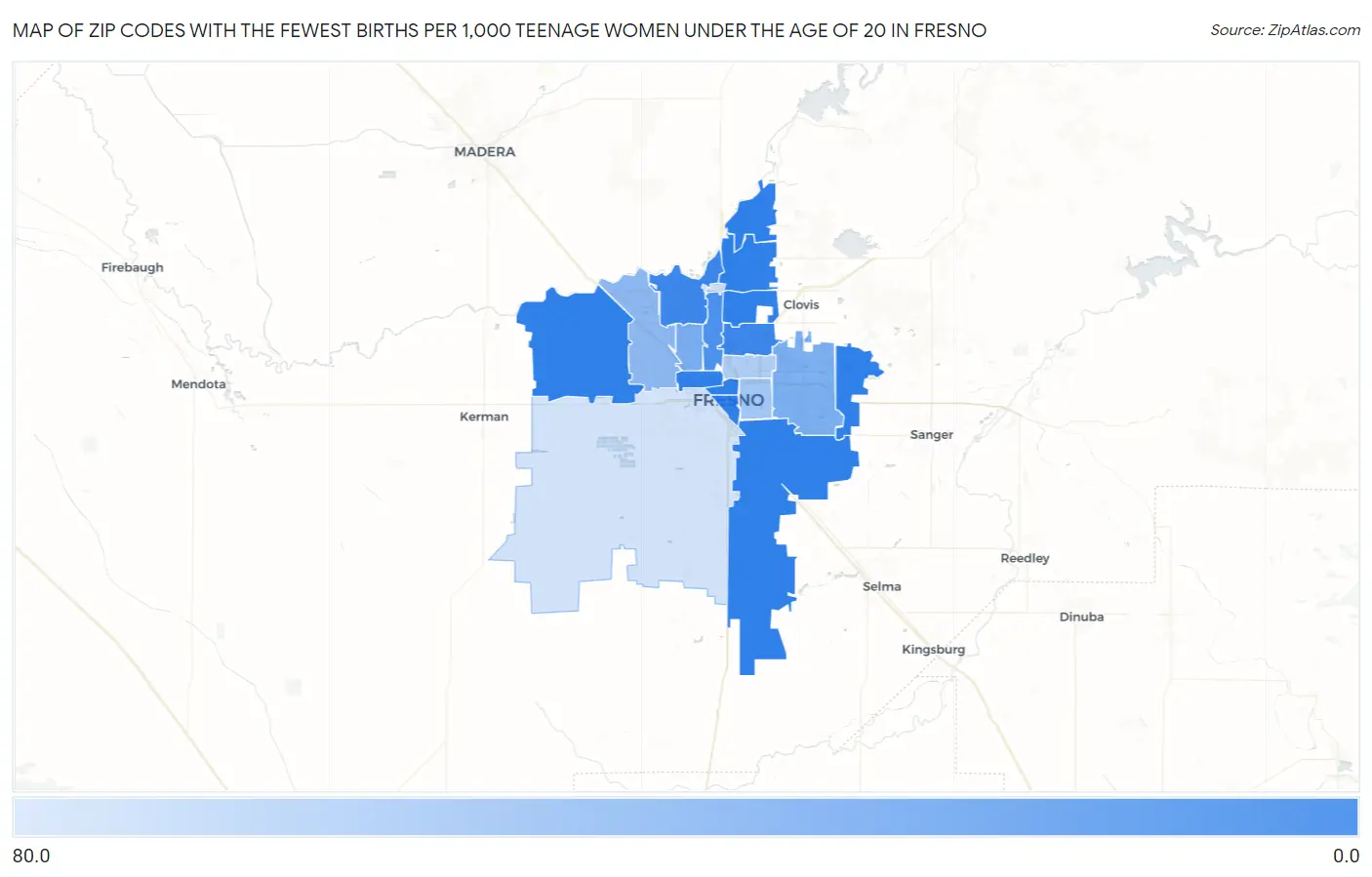 Zip Codes with the Fewest Births per 1,000 Teenage Women Under the Age of 20 in Fresno Map