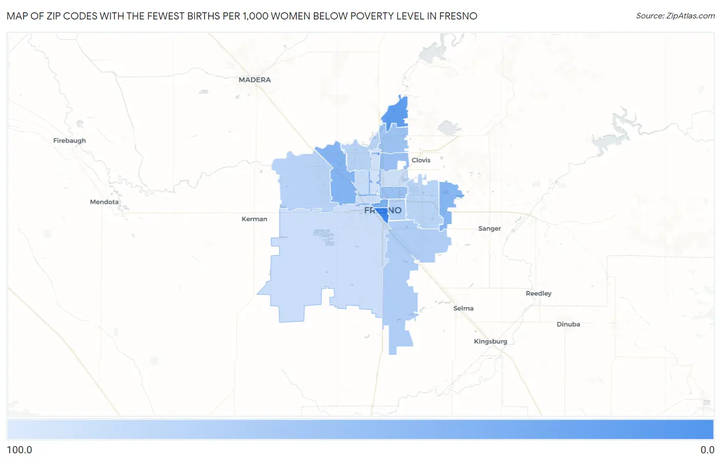 Zip Codes with the Fewest Births per 1,000 Women Below Poverty Level in Fresno Map