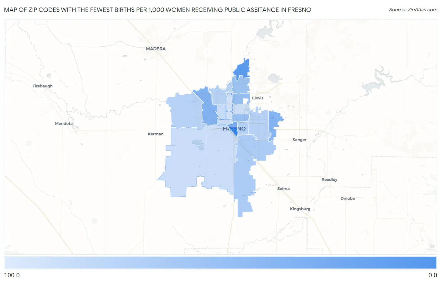 Zip Codes with the Fewest Births per 1,000 Women Receiving Public Assitance in Fresno Map