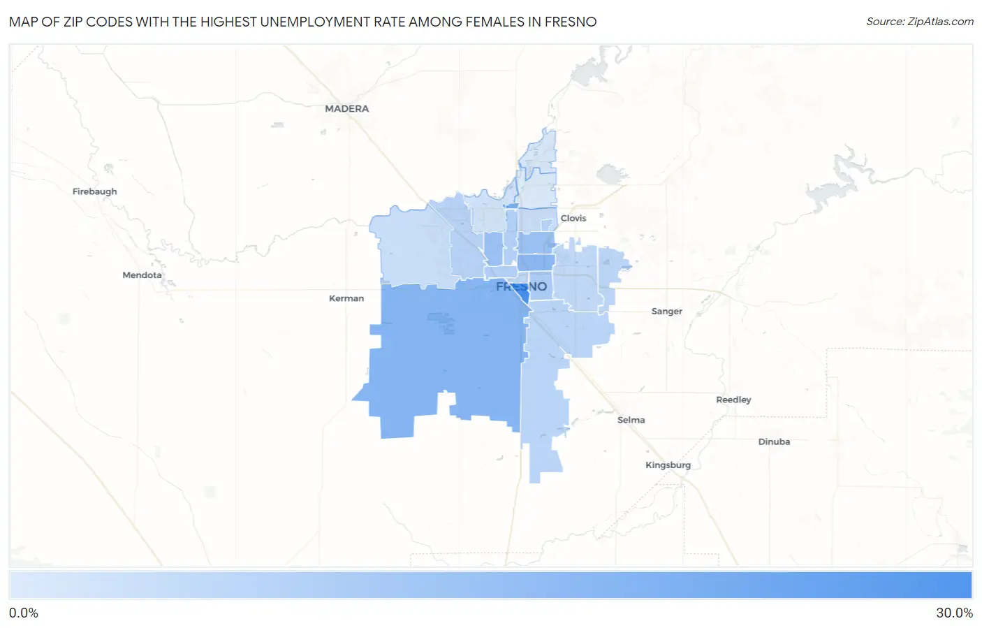 Zip Codes with the Highest Unemployment Rate Among Females in Fresno Map
