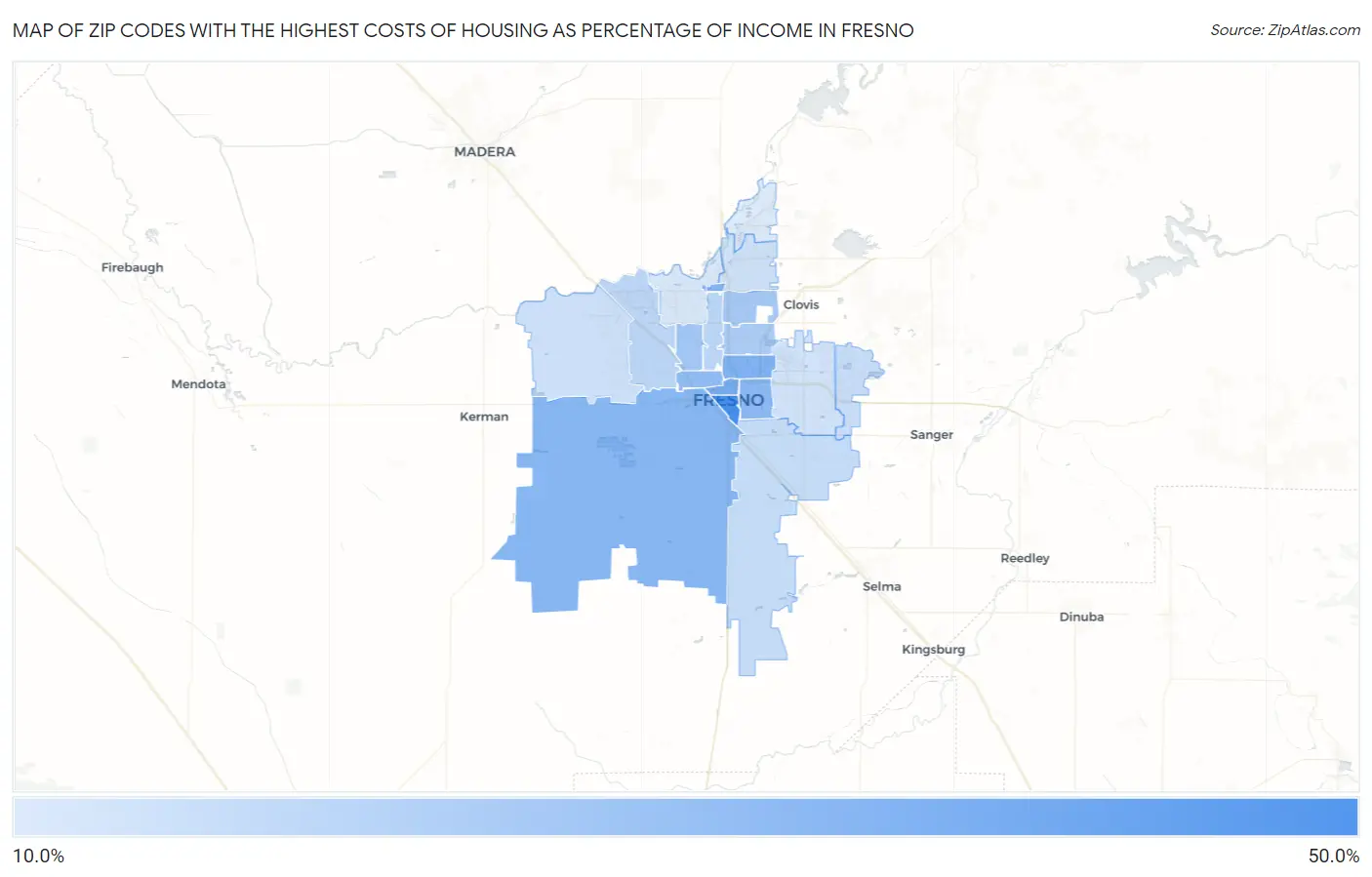 Zip Codes with the Highest Costs of Housing as Percentage of Income in Fresno Map