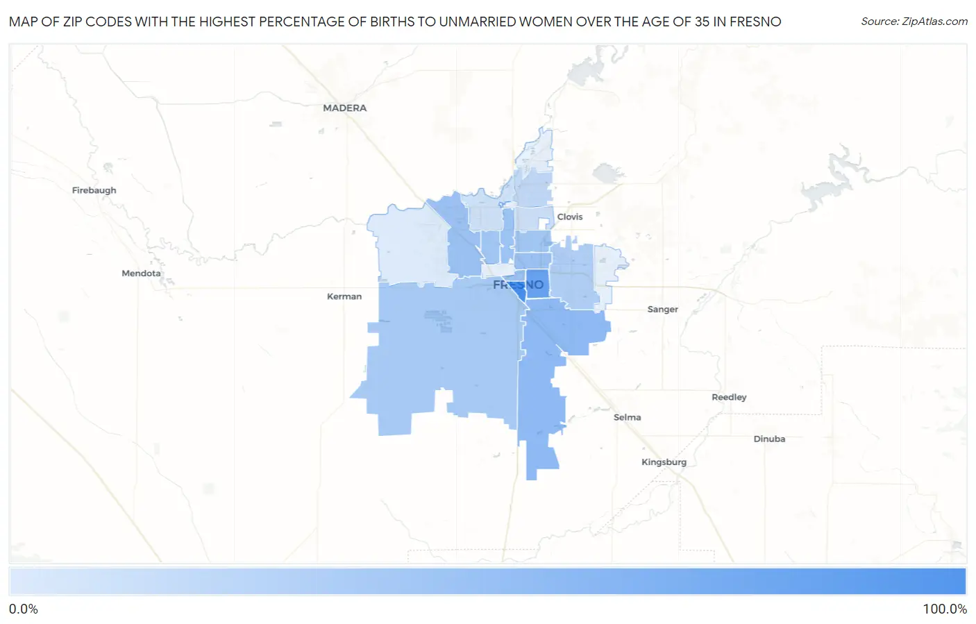 Zip Codes with the Highest Percentage of Births to Unmarried Women over the Age of 35 in Fresno Map