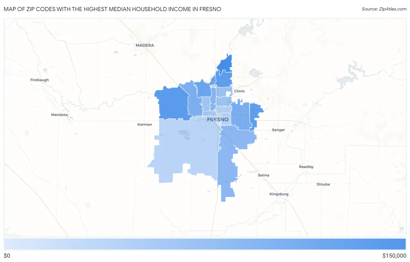 Zip Codes with the Highest Median Household Income in Fresno Map