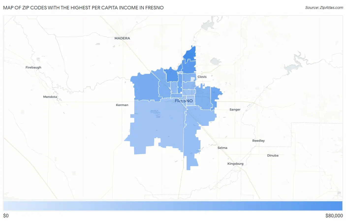 Zip Codes with the Highest Per Capita Income in Fresno Map