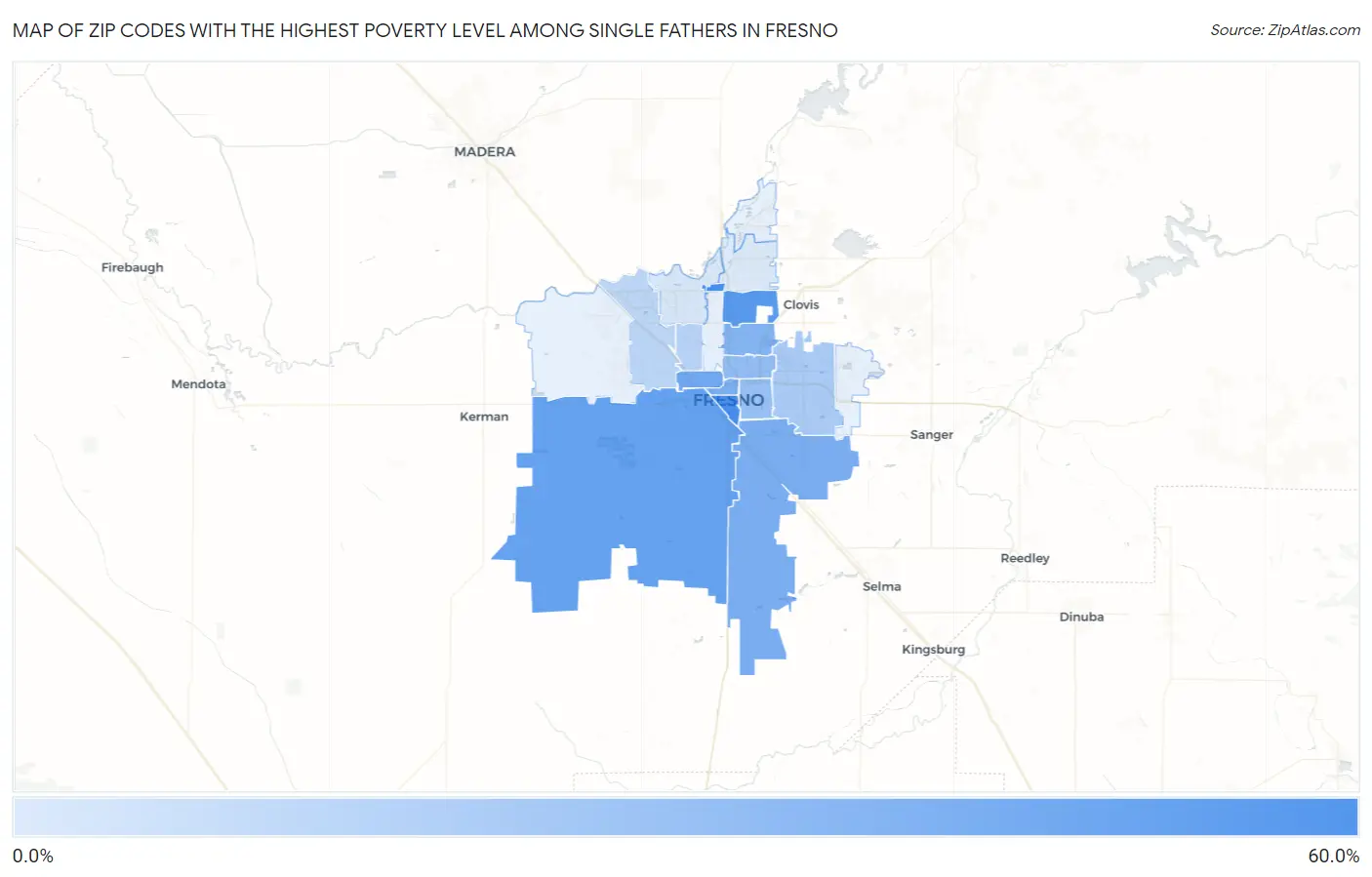 Zip Codes with the Highest Poverty Level Among Single Fathers in Fresno Map
