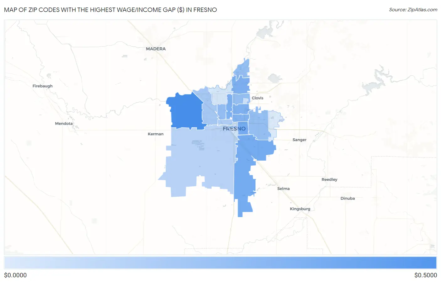 Zip Codes with the Highest Wage/Income Gap ($) in Fresno Map
