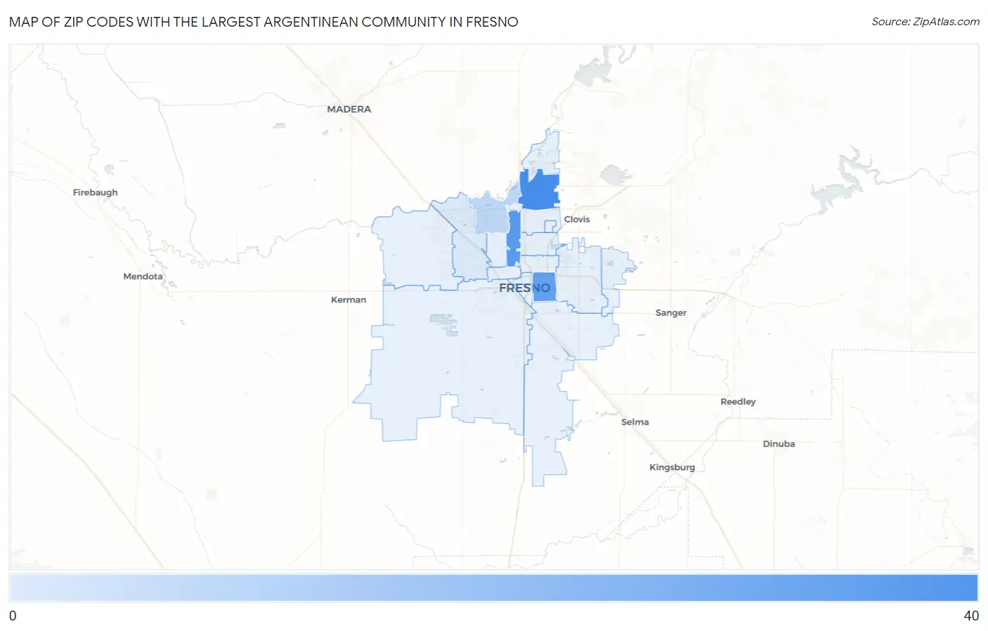 Zip Codes with the Largest Argentinean Community in Fresno Map
